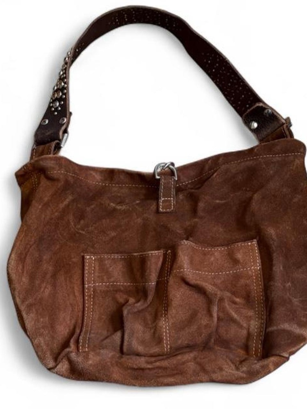 Tylie Malibu Bag Classic Utility Brown Suede Leather w/ Stud & Crystal Accents - Picture 3 of 6